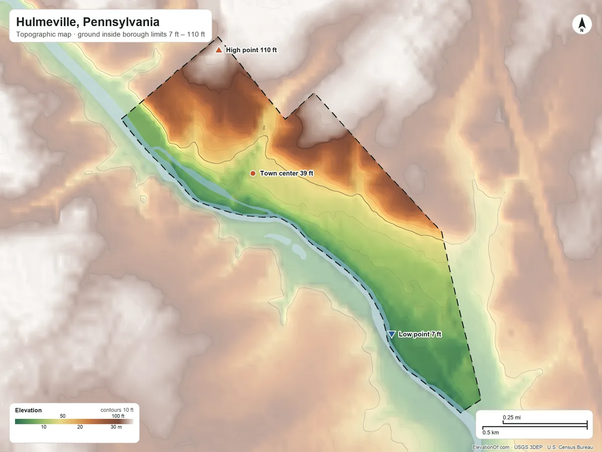Topographic elevation map of Hulmeville, Pennsylvania, shaded from 7 ft on the southeast side to 110 ft on the north side