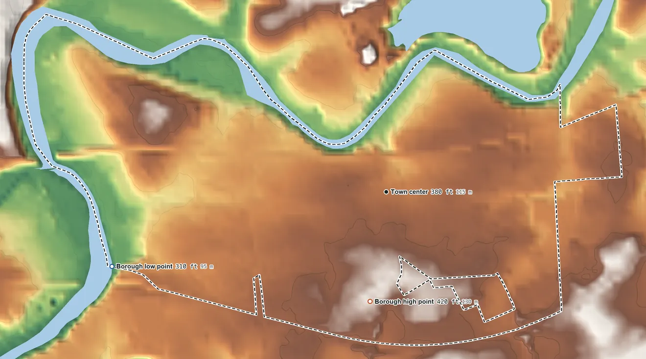 Topographic elevation map of Hummelstown, Pennsylvania, shaded from 310 ft on the west side to 420 ft on the south edge, below higher ground just outside