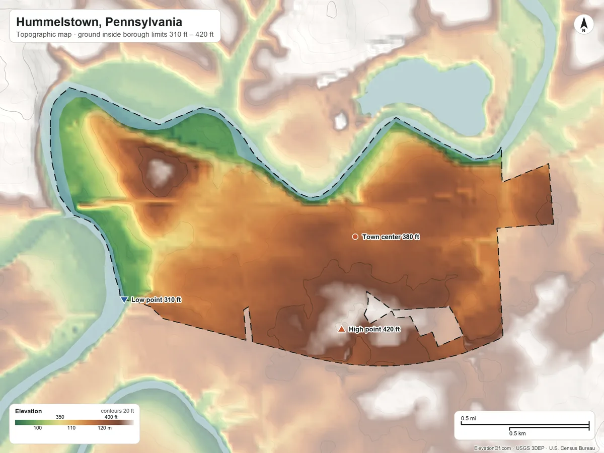 Topographic elevation map of Hummelstown, Pennsylvania, shaded from 310 ft on the west side to 420 ft on the south edge, below higher ground just outside