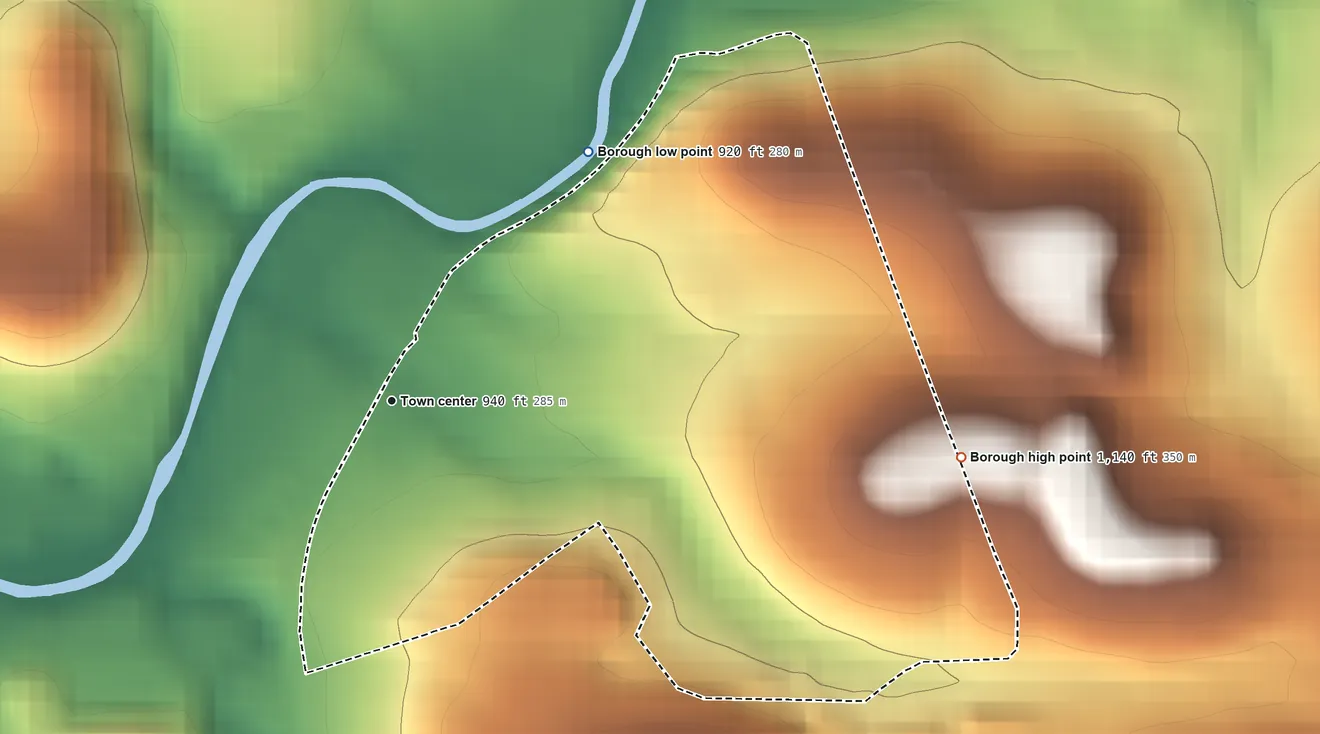 Topographic elevation map of Hunker, Pennsylvania, shaded from 920 ft on the northeast side to 1,140 ft on the east side