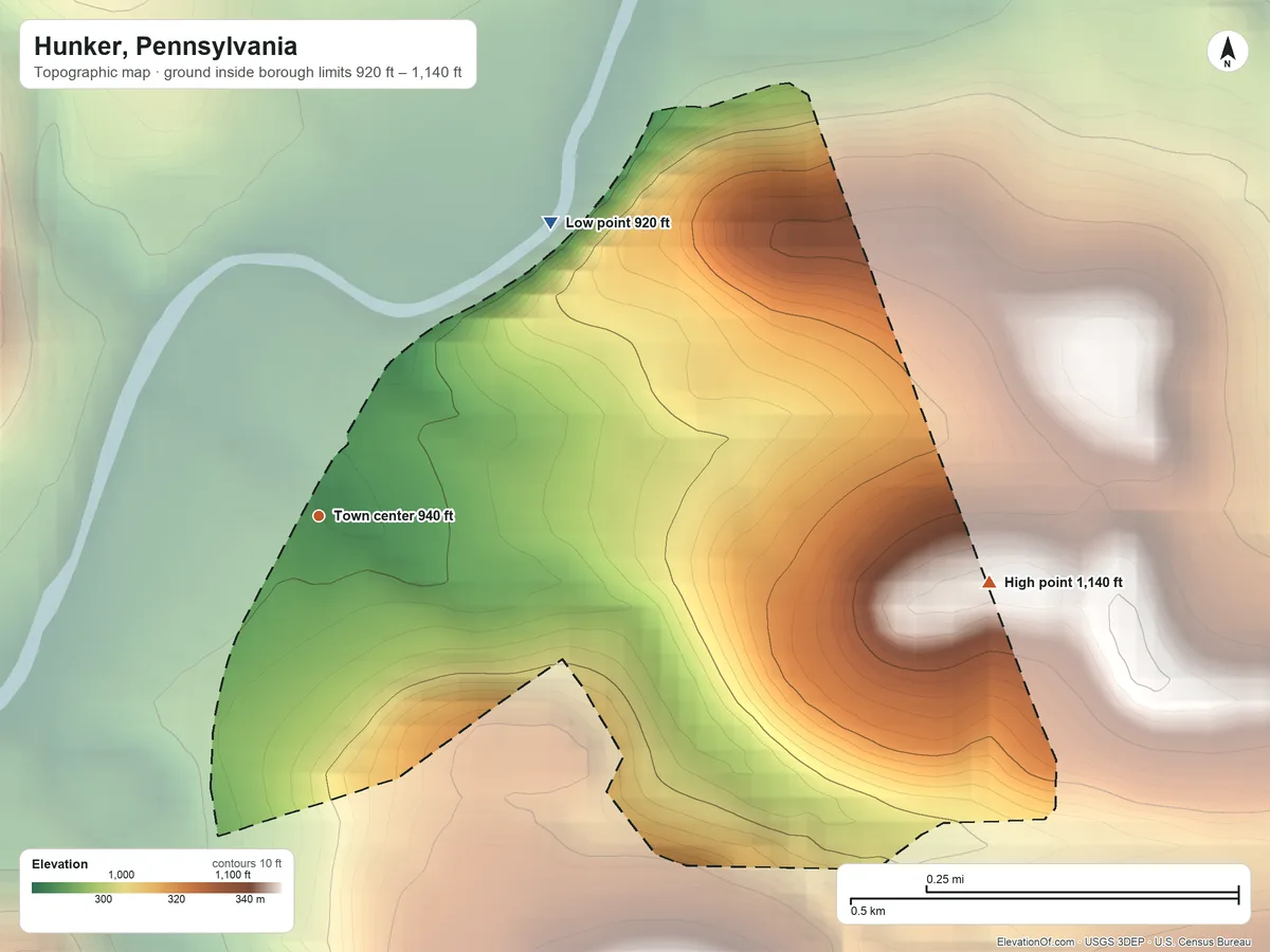 Topographic elevation map of Hunker, Pennsylvania, shaded from 920 ft on the northeast side to 1,140 ft on the east side