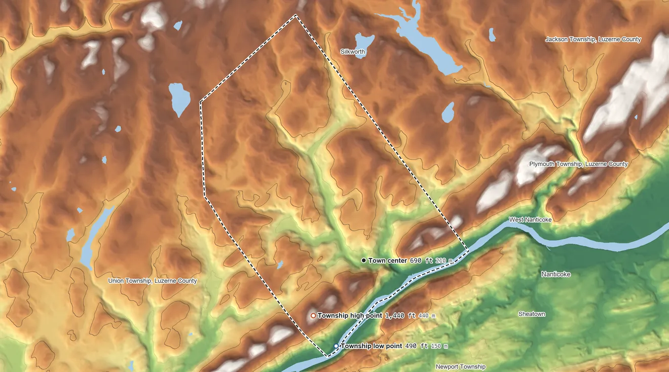 Topographic elevation map of Hunlock Township, Pennsylvania, shaded from 490 ft on the south side to 1,440 ft on the southwest side