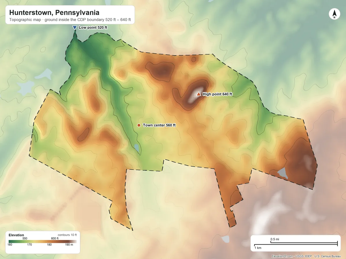Topographic elevation map of Hunterstown, Pennsylvania, shaded from 520 ft on the northwest side to 640 ft on the northeast side