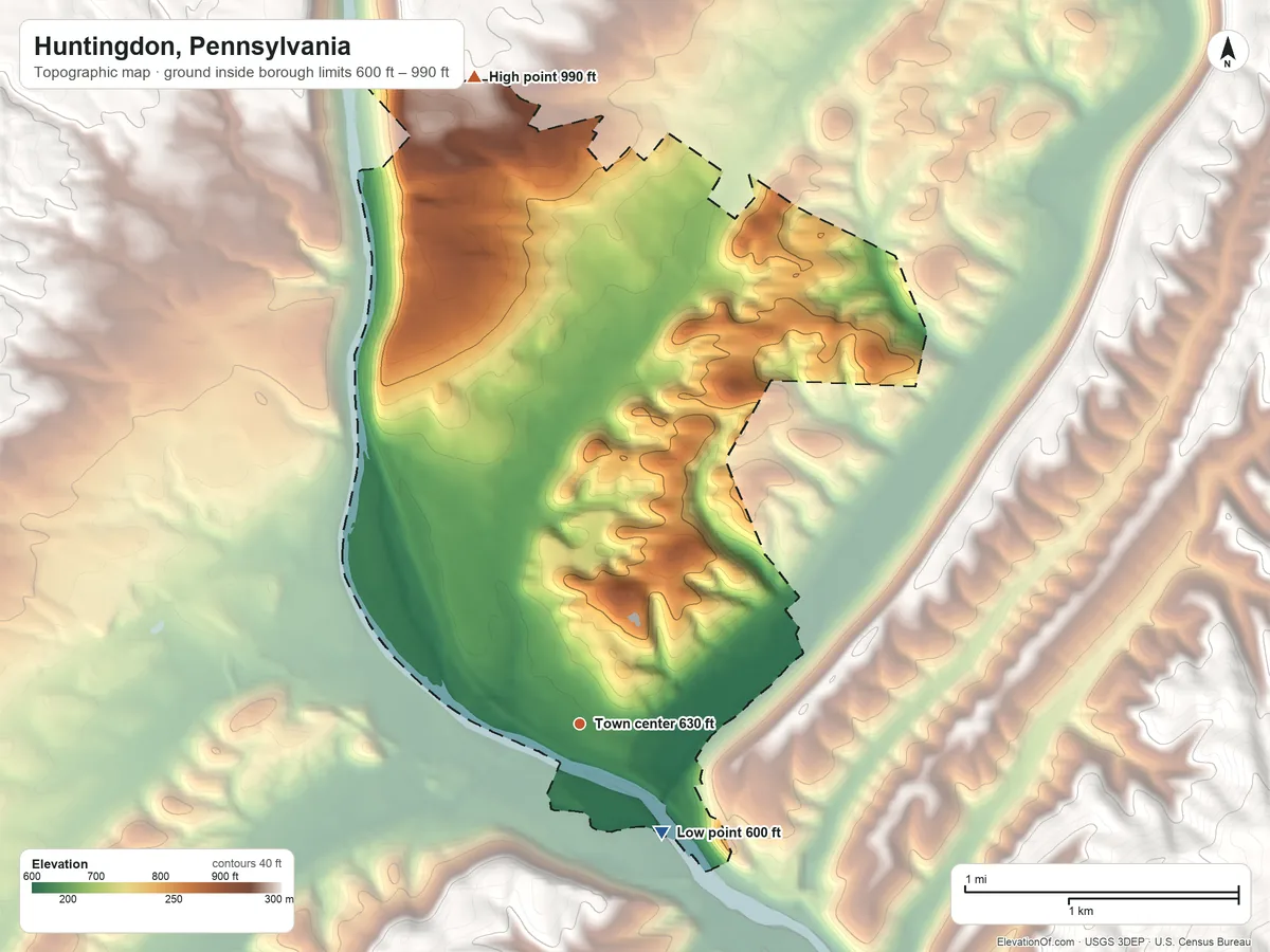 Topographic elevation map of Huntingdon, Pennsylvania, shaded from 600 ft on the southeast side to 990 ft on the north side