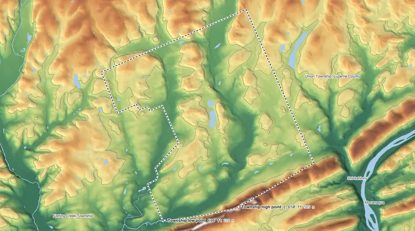 Topographic elevation map of Huntington Township, Luzerne County, Pennsylvania, shaded from 690 ft on the southwest side to 1,650 ft on the south side