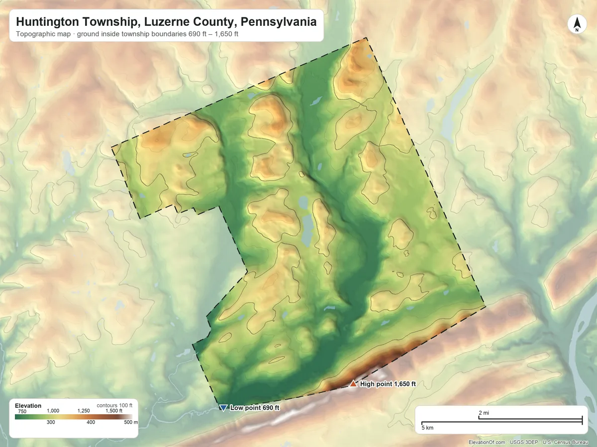 Topographic elevation map of Huntington Township, Luzerne County, Pennsylvania, shaded from 690 ft on the southwest side to 1,650 ft on the south side