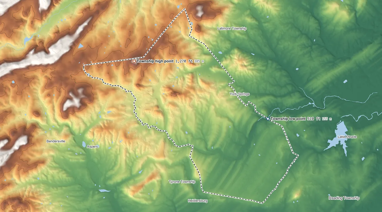 Topographic elevation map of Huntington Township, Pennsylvania, shaded from 510 ft on the east side to 1,270 ft on the northwest side