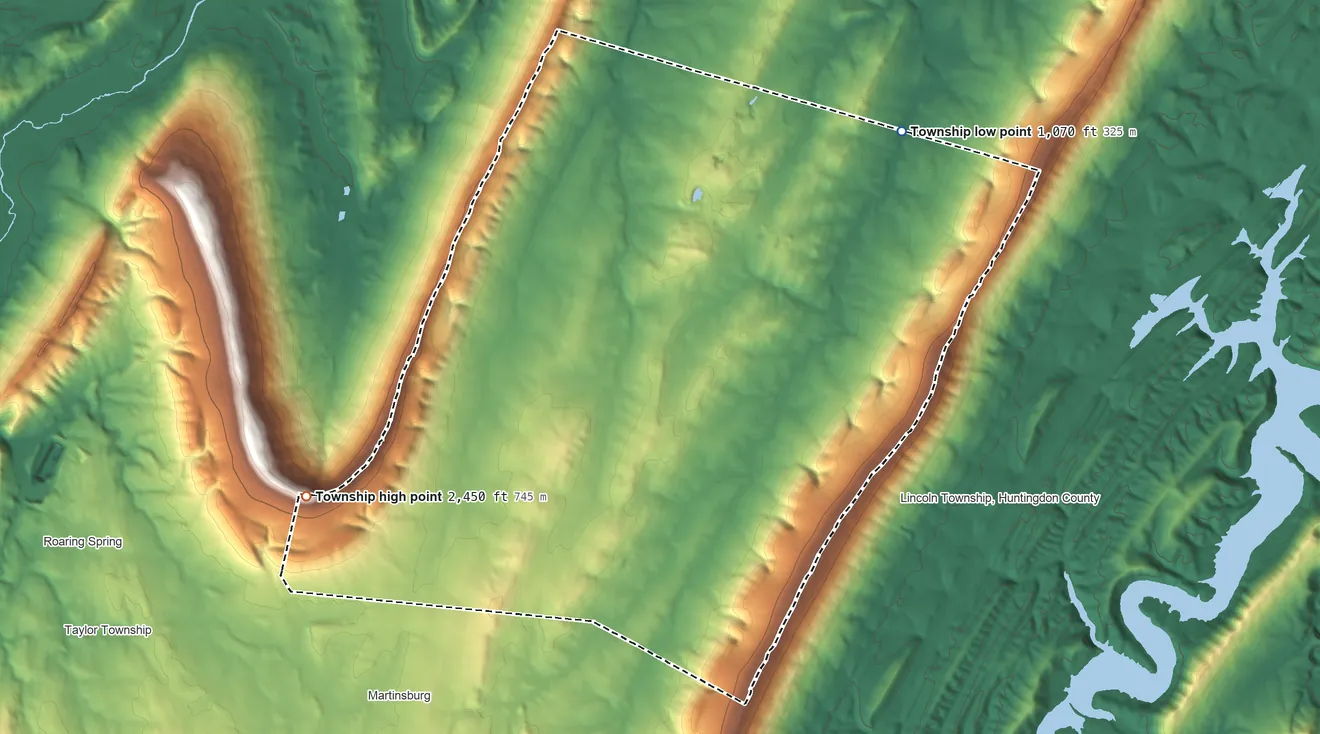 Topographic elevation map of Huston Township, Blair County, Pennsylvania, shaded from 1,070 ft on the northeast side to 2,450 ft on the west side