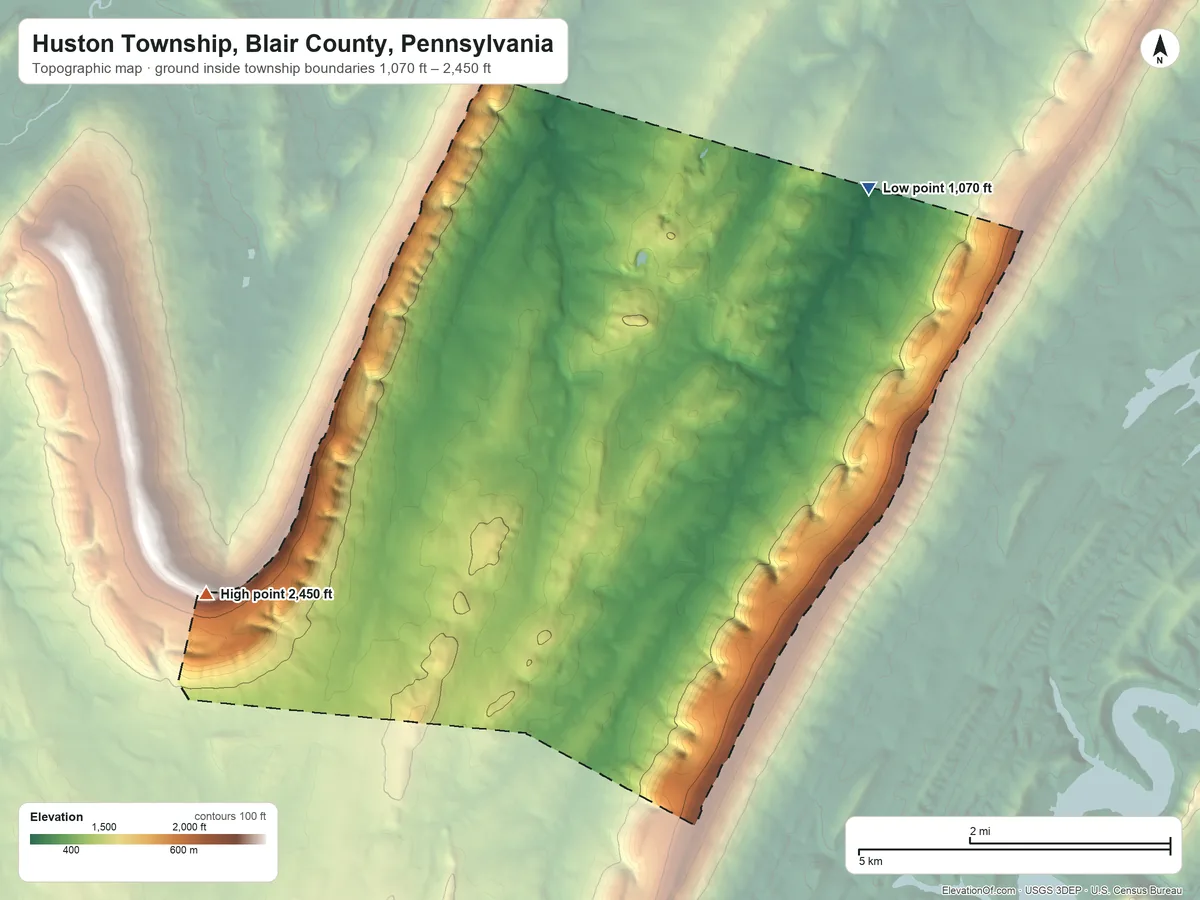 Topographic elevation map of Huston Township, Blair County, Pennsylvania, shaded from 1,070 ft on the northeast side to 2,450 ft on the west side
