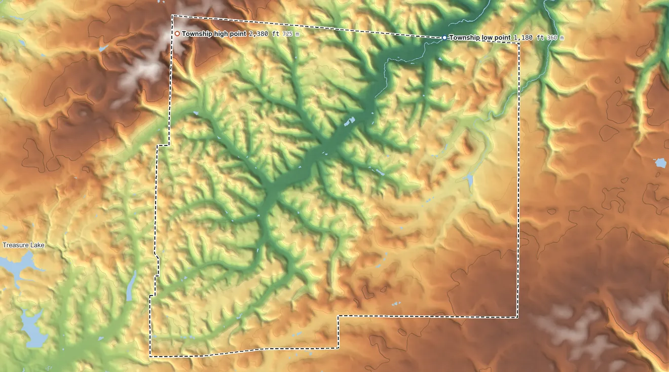 Topographic elevation map of Huston Township, Clearfield County, Pennsylvania, shaded from 1,180 ft on the northeast side to 2,380 ft on Boone Mountain