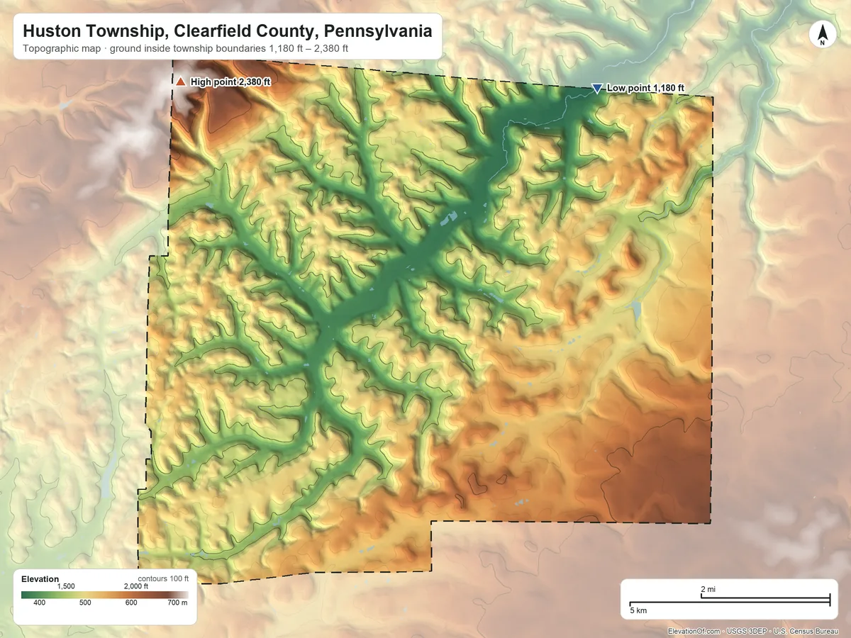 Topographic elevation map of Huston Township, Clearfield County, Pennsylvania, shaded from 1,180 ft on the northeast side to 2,380 ft on Boone Mountain