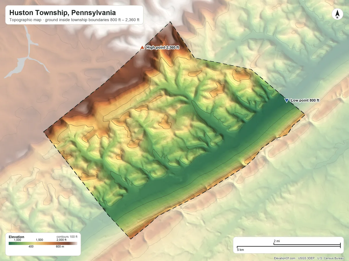 Topographic elevation map of Huston Township, Pennsylvania, shaded from 800 ft on the east side to 2,360 ft on the northwest side