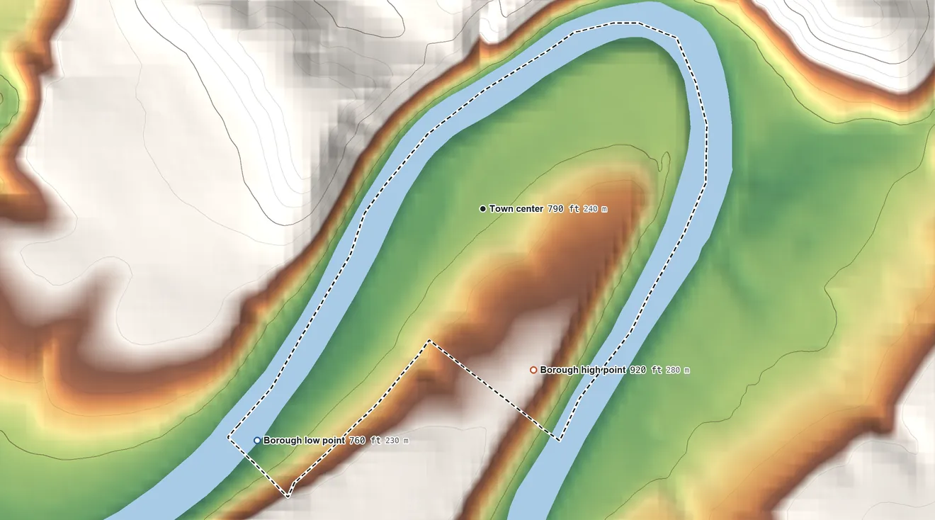 Topographic elevation map of Borough of Hyde Park, Pennsylvania, shaded from 760 ft on the southwest side to 920 ft on the south edge, below higher ground just outside