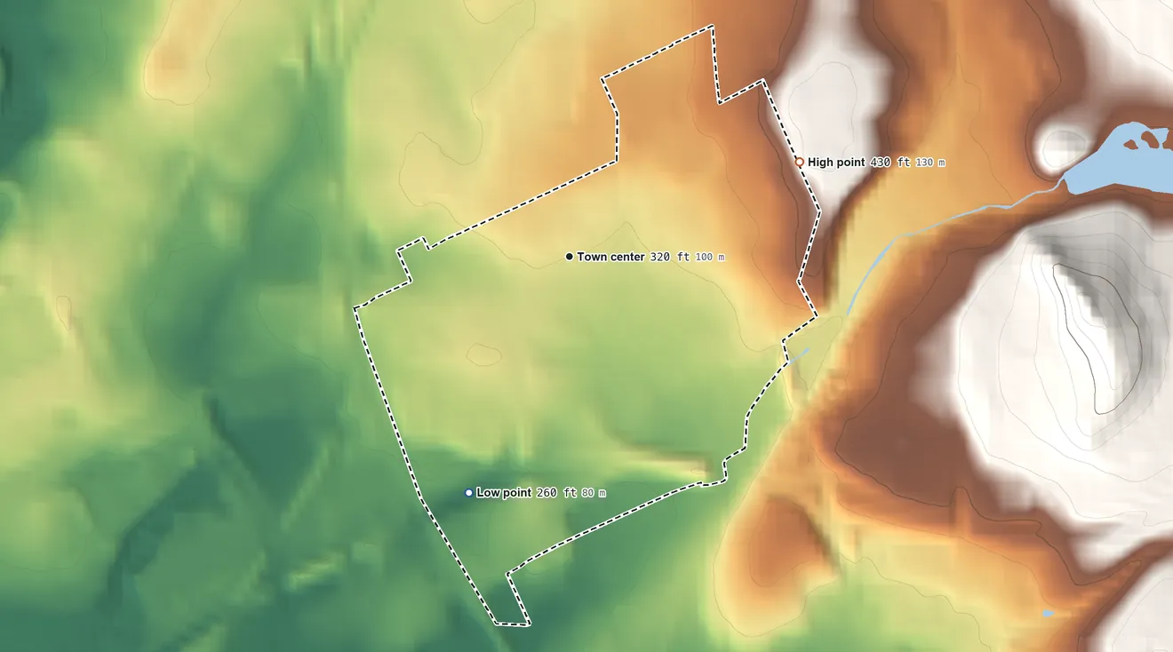 Topographic elevation map of Hyde Park, Pennsylvania, shaded from 260 ft on the southwest side to 430 ft at the foot of the South Mountain