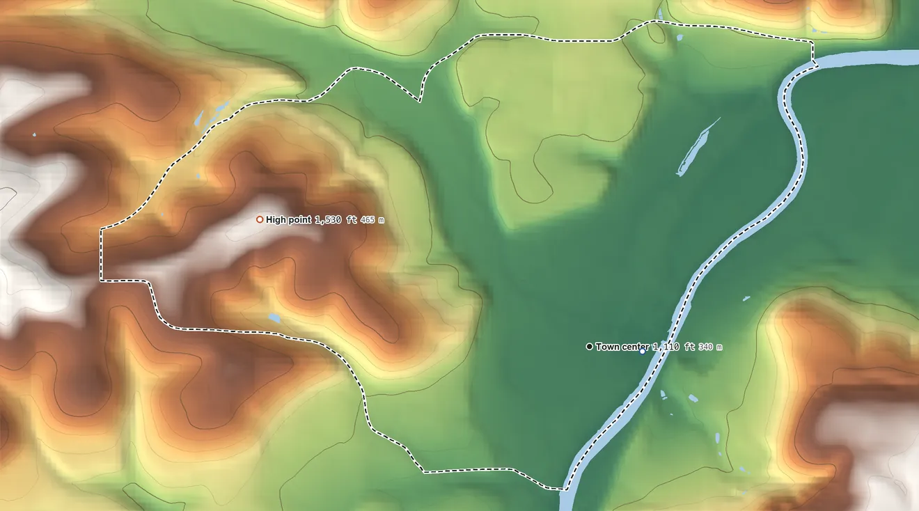 Topographic elevation map of Hyde, Pennsylvania, shaded from 1,100 ft near the middle to 1,530 ft on the west side