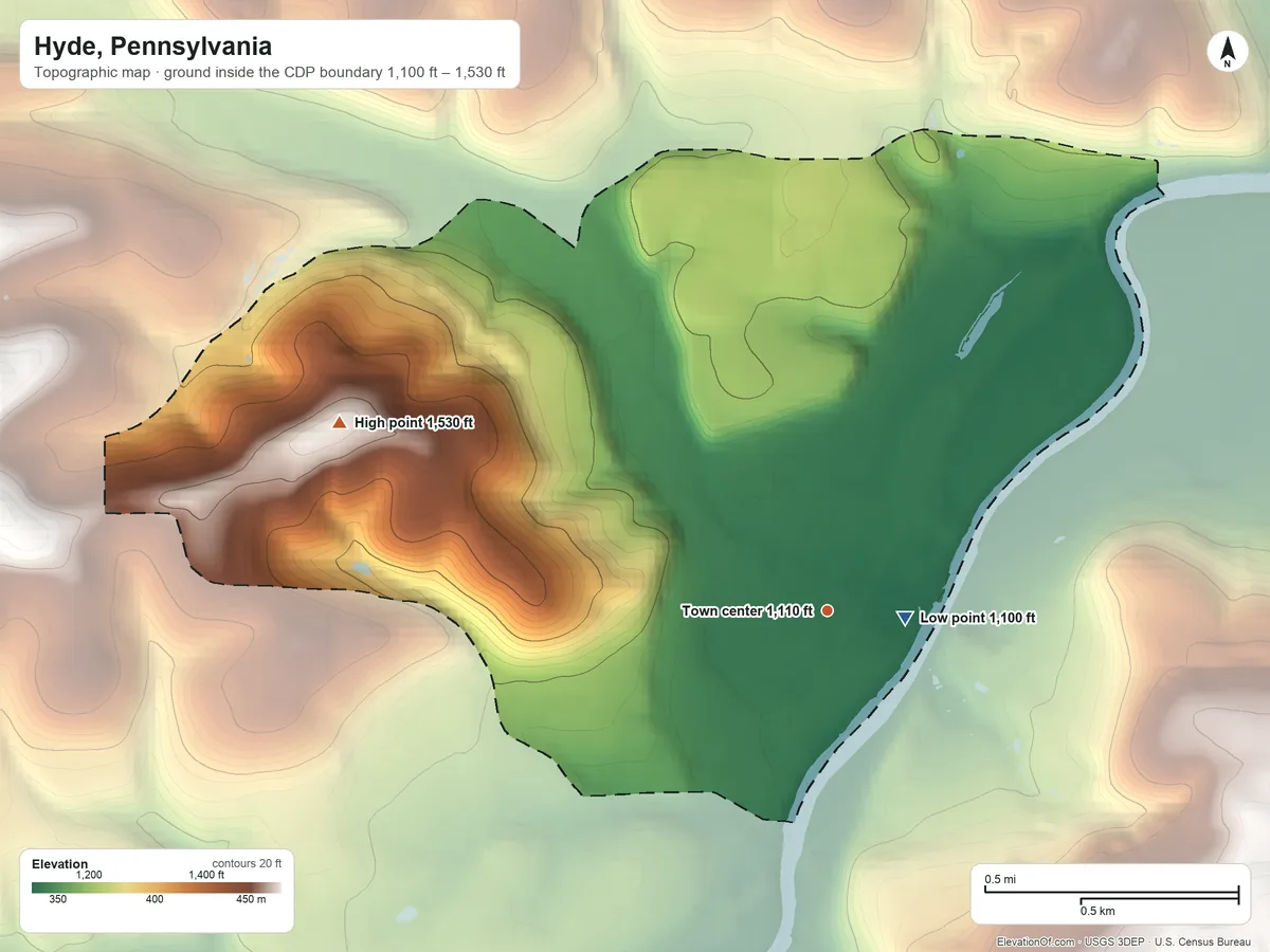 Topographic elevation map of Hyde, Pennsylvania, shaded from 1,100 ft near the middle to 1,530 ft on the west side