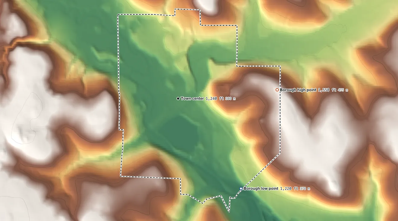 Topographic elevation map of Hydetown, Pennsylvania, shaded from 1,220 ft on the southeast side to 1,550 ft on the east side