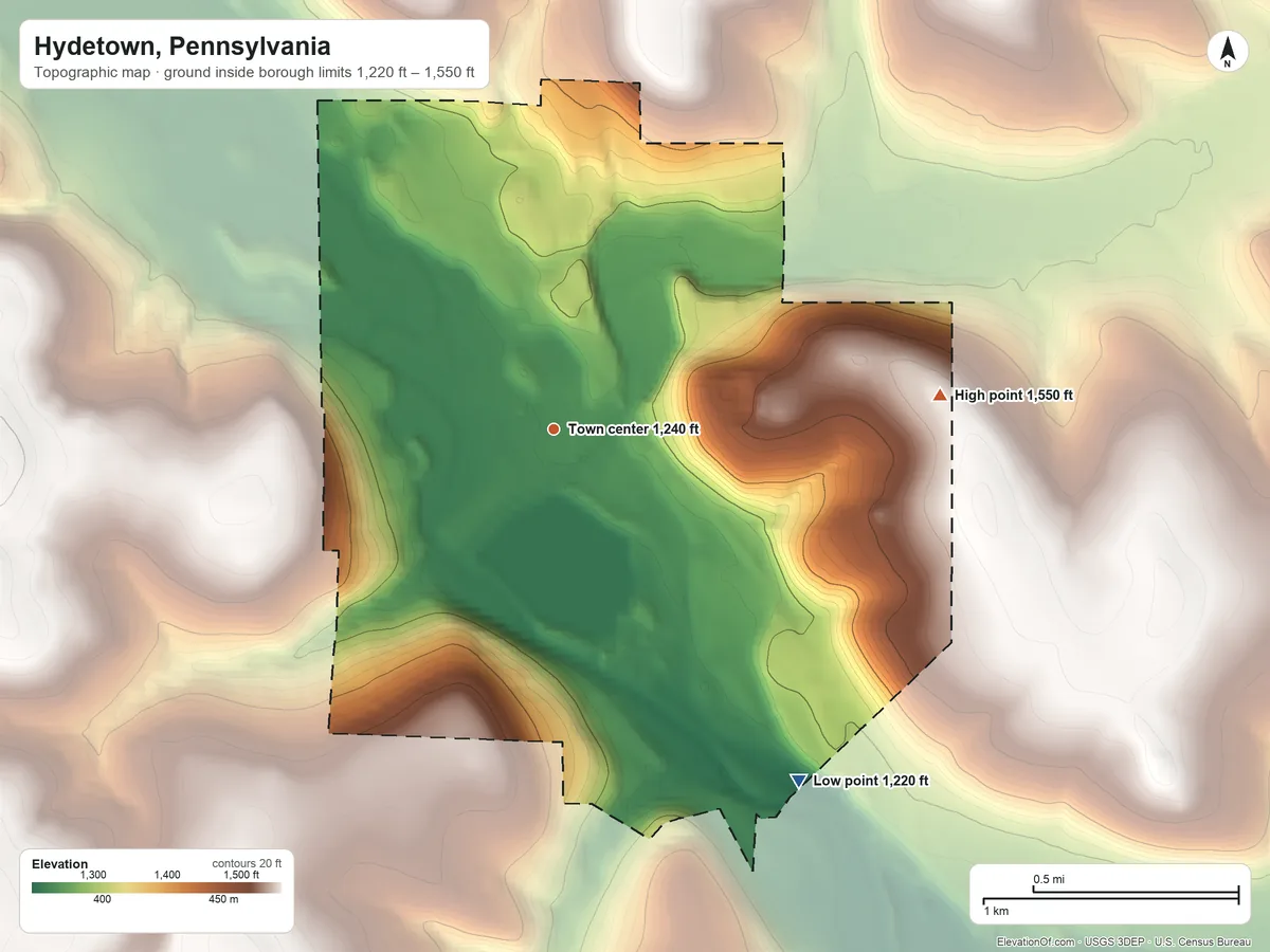 Topographic elevation map of Hydetown, Pennsylvania, shaded from 1,220 ft on the southeast side to 1,550 ft on the east side