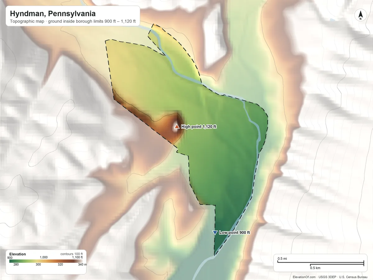 Topographic elevation map of Hyndman, Pennsylvania, shaded from 900 ft on the south side to 1,120 ft on the southwest edge, below higher ground just outside