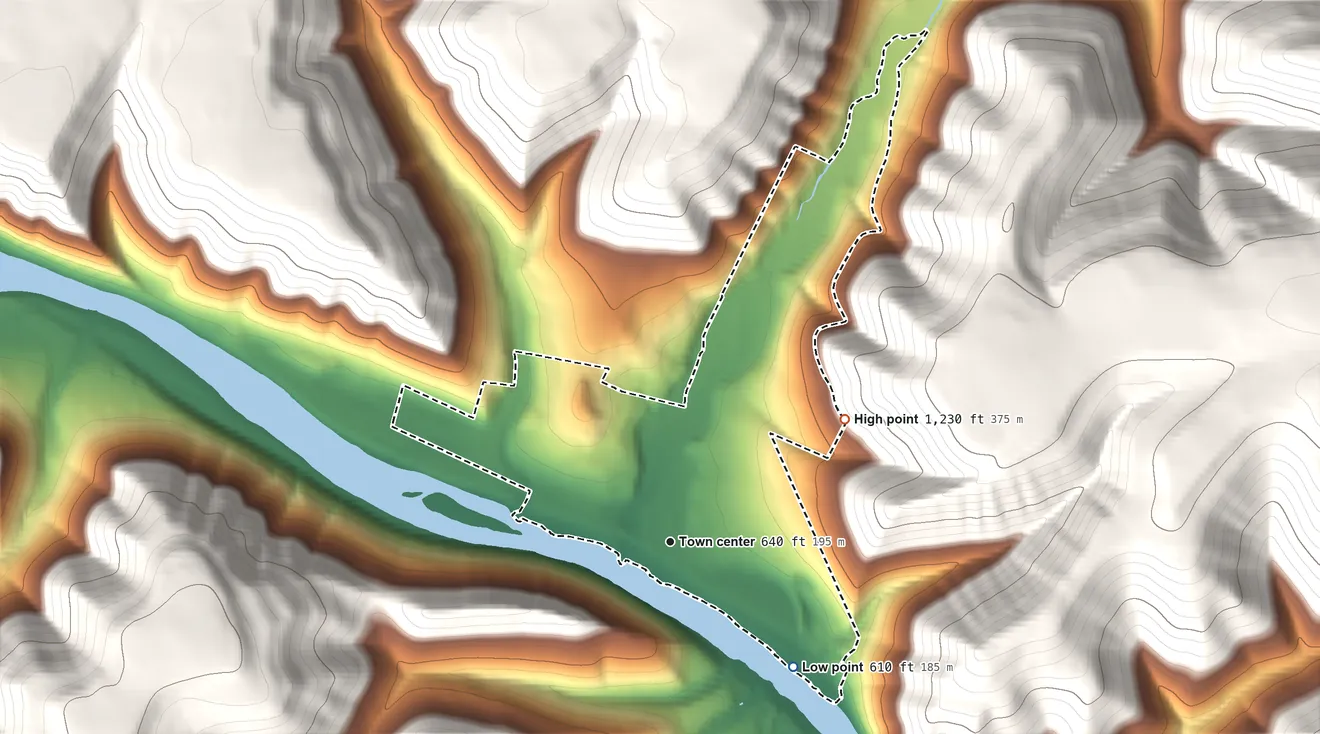 Topographic elevation map of Hyner, Pennsylvania, shaded from 610 ft on the southeast side to 1,230 ft on the northeast edge, below higher ground just outside
