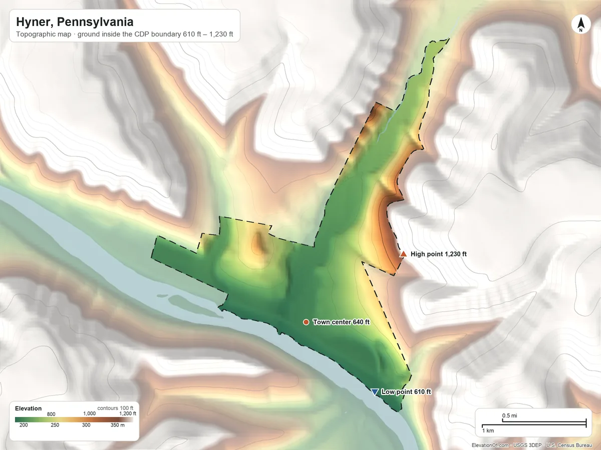 Topographic elevation map of Hyner, Pennsylvania, shaded from 610 ft on the southeast side to 1,230 ft on the northeast edge, below higher ground just outside