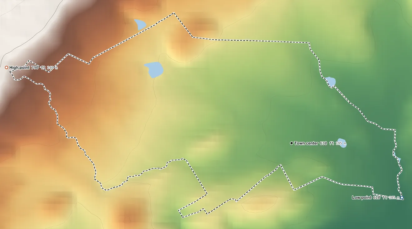 Topographic elevation map of Ickesburg, Pennsylvania, shaded from 610 ft on the southeast side to 790 ft on the west edge, below higher ground just outside