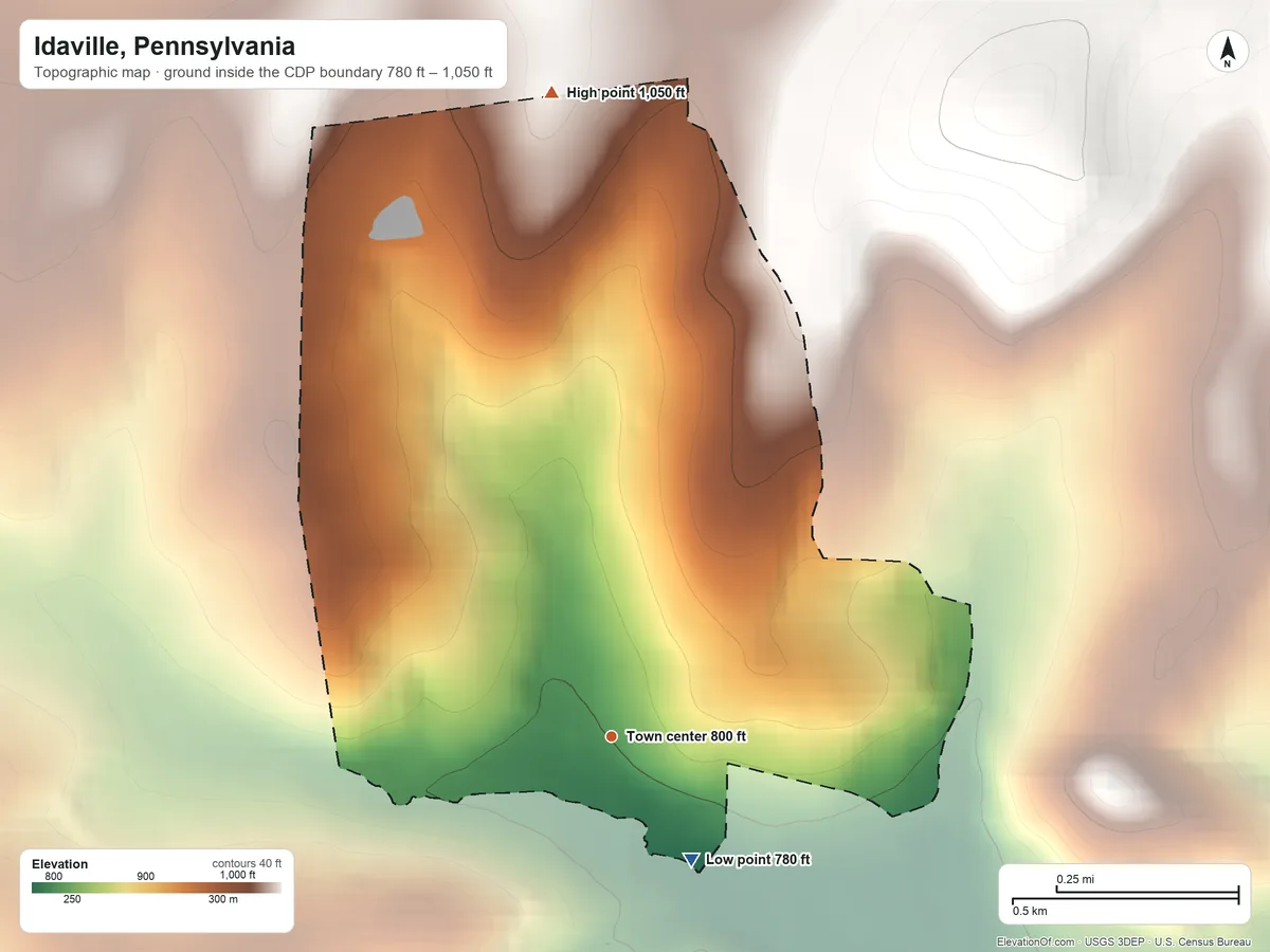 Topographic elevation map of Idaville, Pennsylvania, shaded from 780 ft on the southeast side to 1,050 ft on the north side
