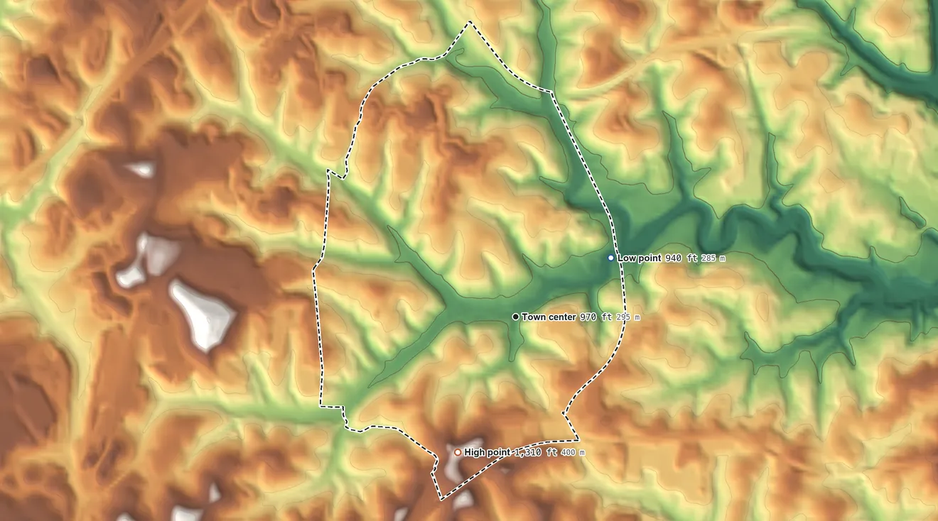 Topographic elevation map of Imperial, Pennsylvania, shaded from 940 ft on the northeast side to 1,310 ft on the southwest side