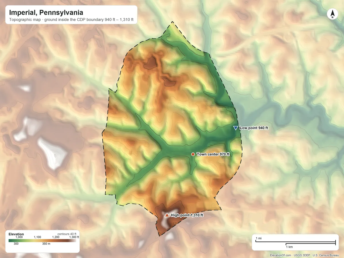 Topographic elevation map of Imperial, Pennsylvania, shaded from 940 ft on the northeast side to 1,310 ft on the southwest side
