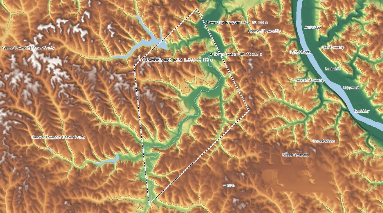 Topographic elevation map of Independence Township, Pennsylvania, shaded from 770 ft on the north side to 1,300 ft on the west side