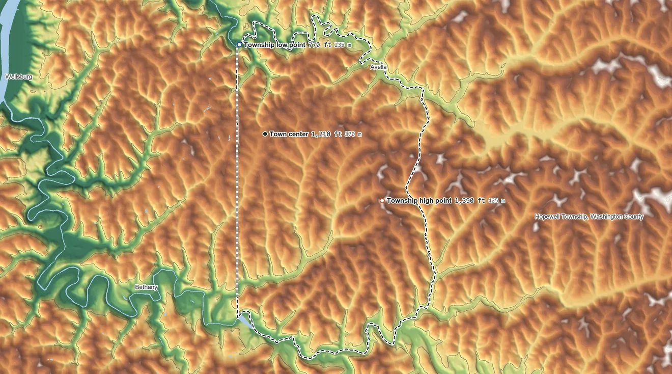 Topographic elevation map of Independence Township, Washington County, Pennsylvania, shaded from 770 ft on the north side to 1,390 ft on the southeast side