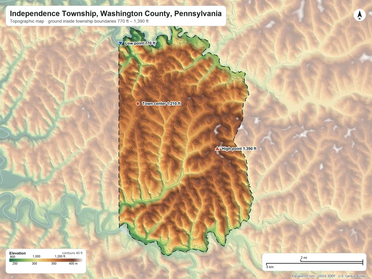 Topographic elevation map of Independence Township, Washington County, Pennsylvania, shaded from 770 ft on the north side to 1,390 ft on the southeast side