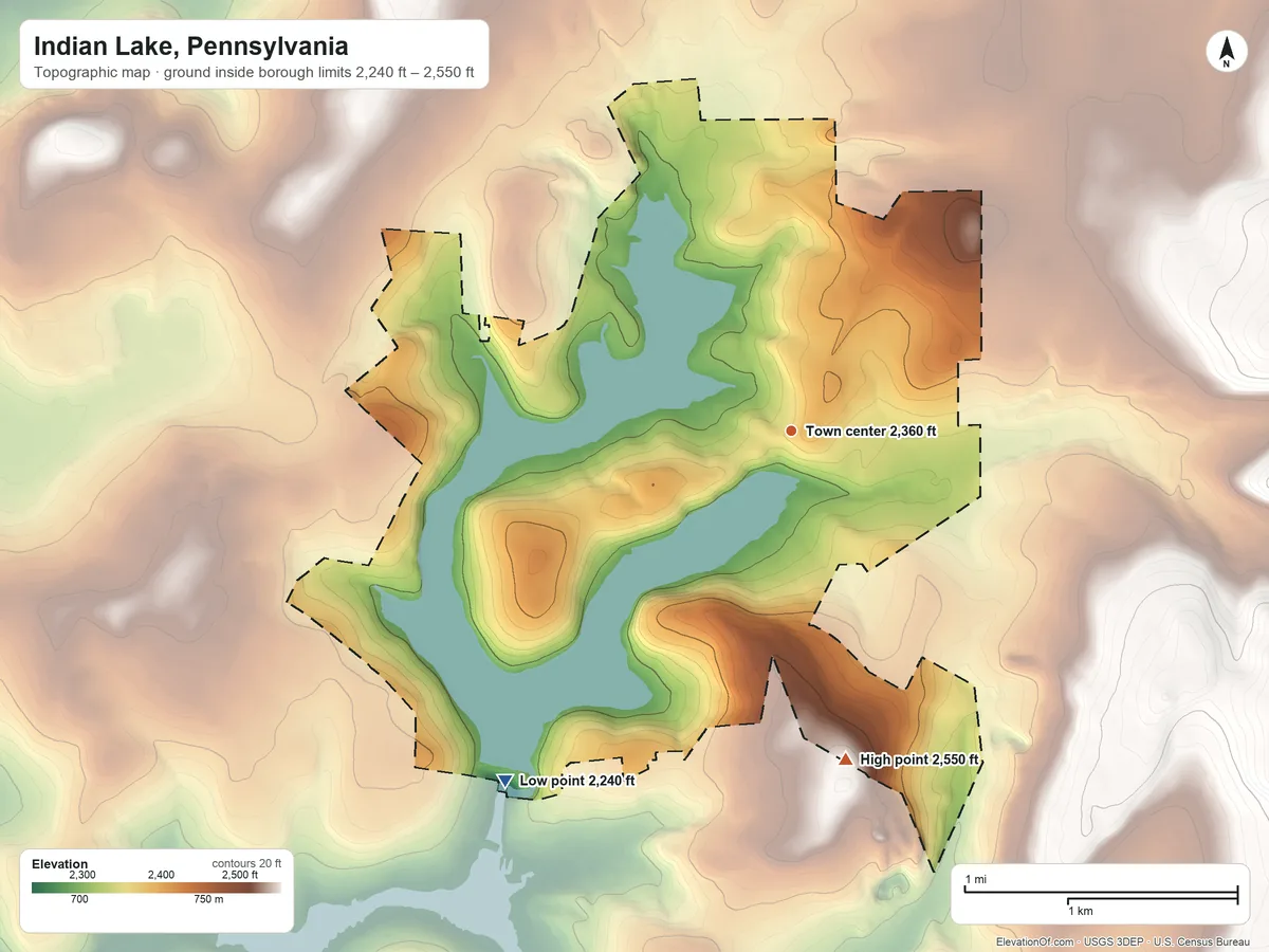 Topographic elevation map of Indian Lake, Pennsylvania, shaded from 2,240 ft on the southwest side to 2,550 ft on the south side