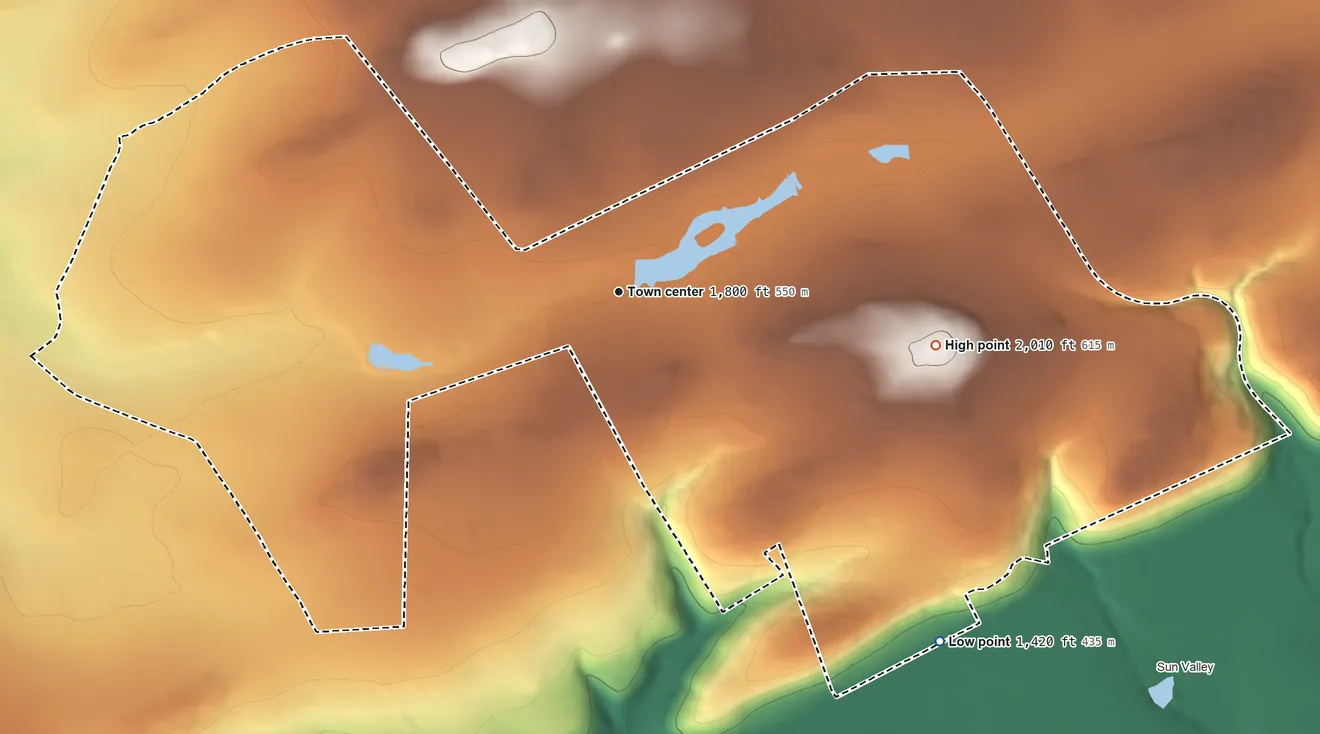 Topographic elevation map of Indian Mountain Lake, Pennsylvania, shaded from 1,420 ft on the southeast side to 2,010 ft on Pohopoco Mountain