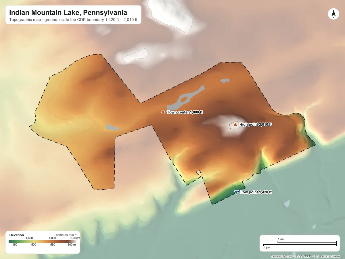 Topographic elevation map of Indian Mountain Lake, Pennsylvania, shaded from 1,420 ft on the southeast side to 2,010 ft on Pohopoco Mountain