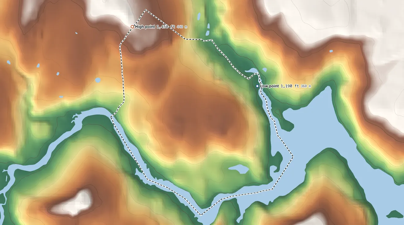 Topographic elevation map of Indian Rocks, Pennsylvania, shaded from 1,190 ft on the northeast side to 1,450 ft on the northwest side