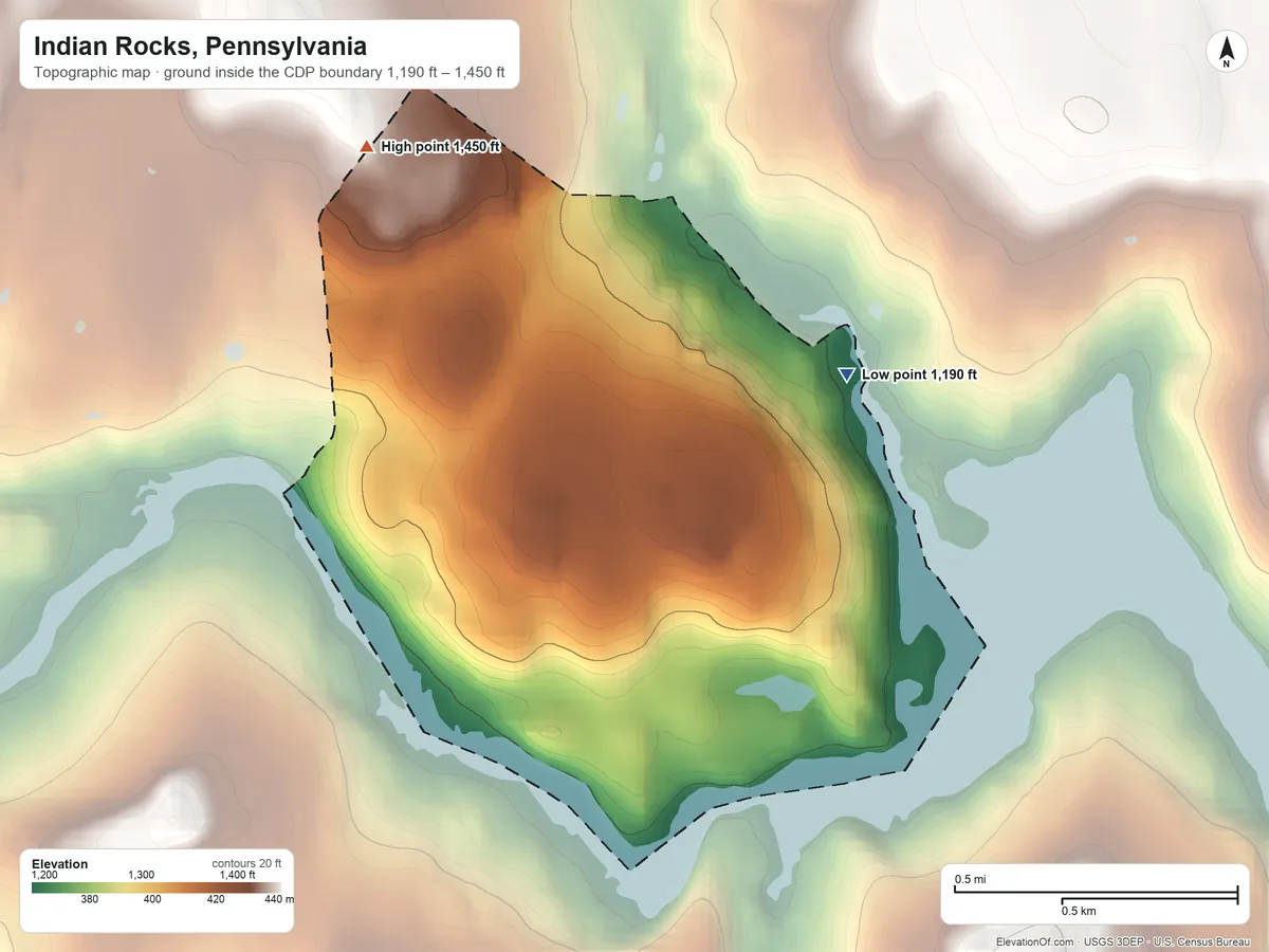 Topographic elevation map of Indian Rocks, Pennsylvania, shaded from 1,190 ft on the northeast side to 1,450 ft on the northwest side