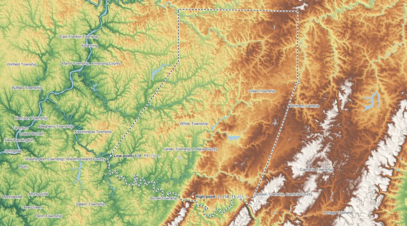 Topographic elevation map of Indiana County, Pennsylvania, shaded from 820 ft on the southwest side to 2,150 ft on the south side