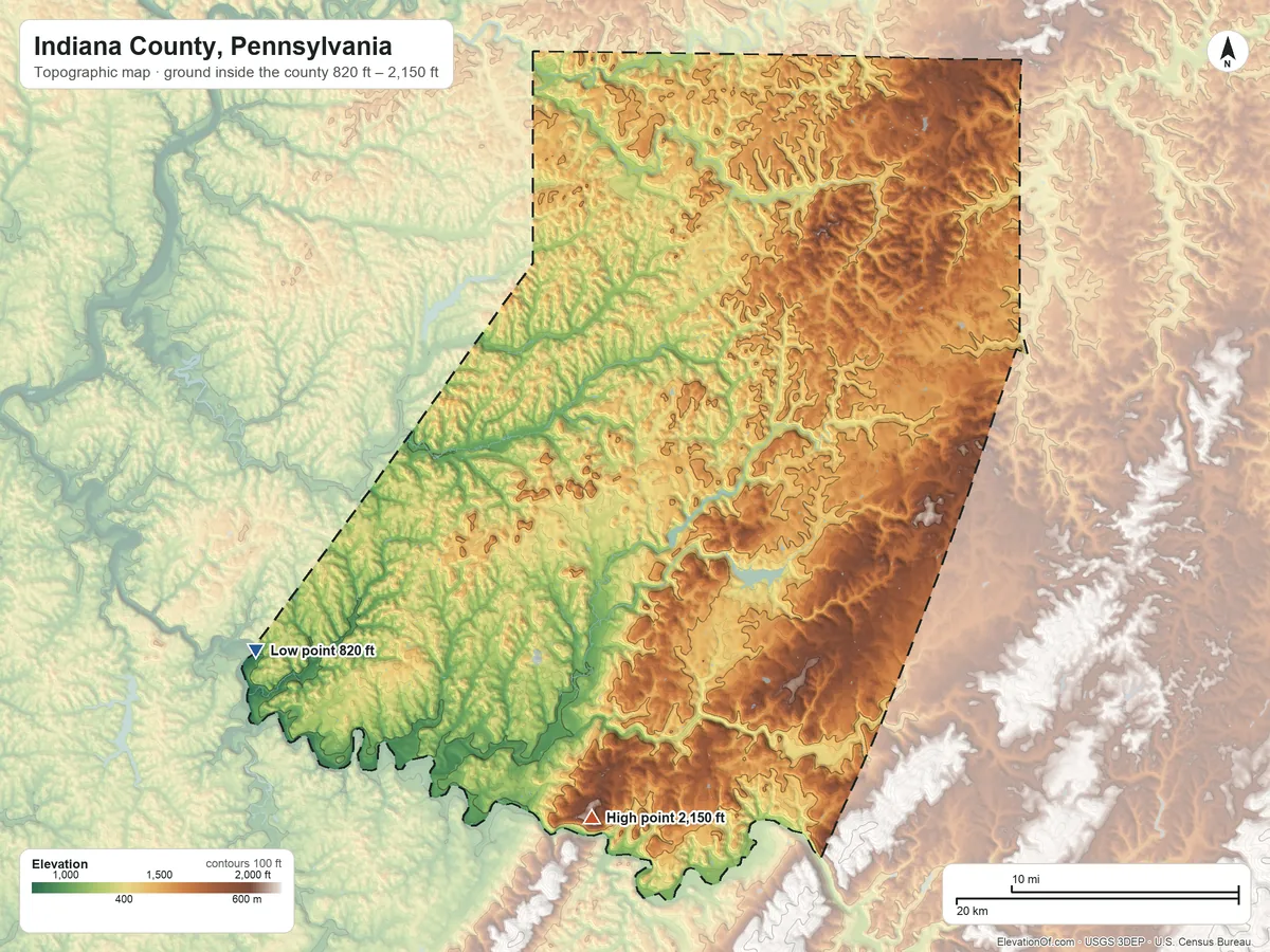 Topographic elevation map of Indiana County, Pennsylvania, shaded from 820 ft on the southwest side to 2,150 ft on the south side