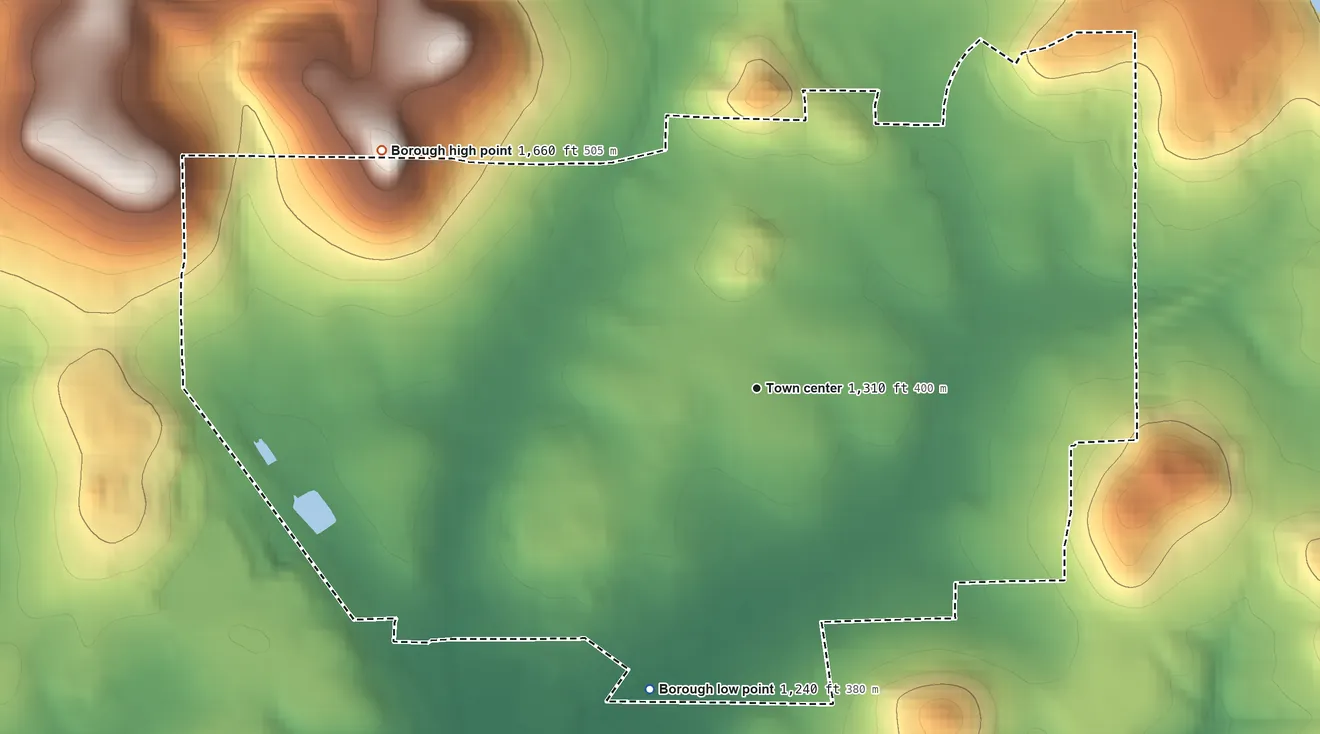 Topographic elevation map of Indiana, Pennsylvania, shaded from 1,240 ft on the south side to 1,660 ft on the northwest side