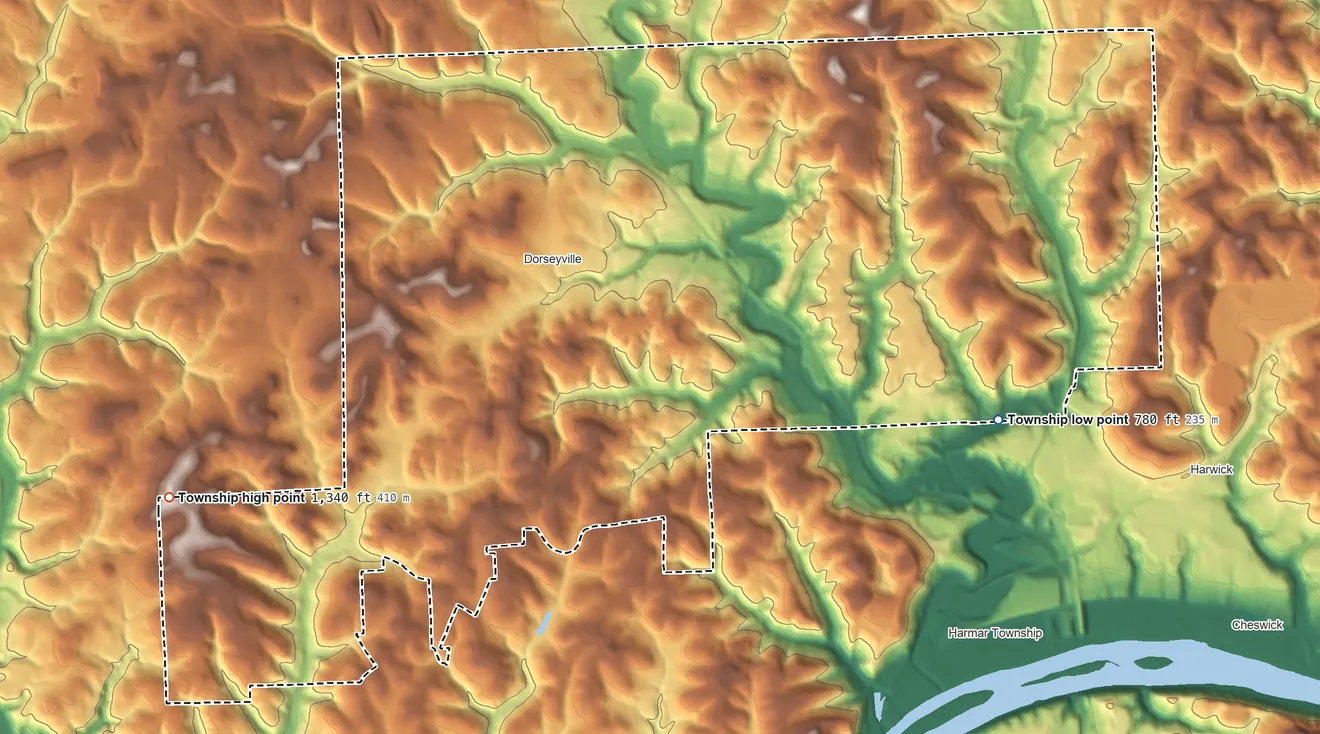 Topographic elevation map of Indiana Township, Pennsylvania, shaded from 780 ft on the east side to 1,340 ft on the west side