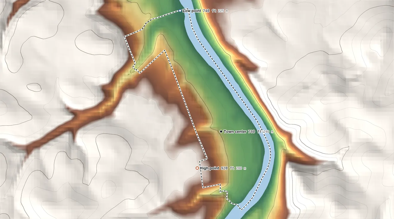 Topographic elevation map of Industry, Allegheny County, Pennsylvania, shaded from 740 ft on the north side to 920 ft on the southwest side
