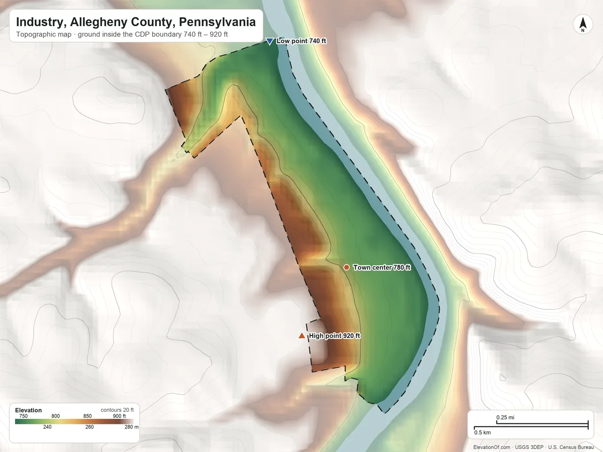 Topographic elevation map of Industry, Allegheny County, Pennsylvania, shaded from 740 ft on the north side to 920 ft on the southwest side