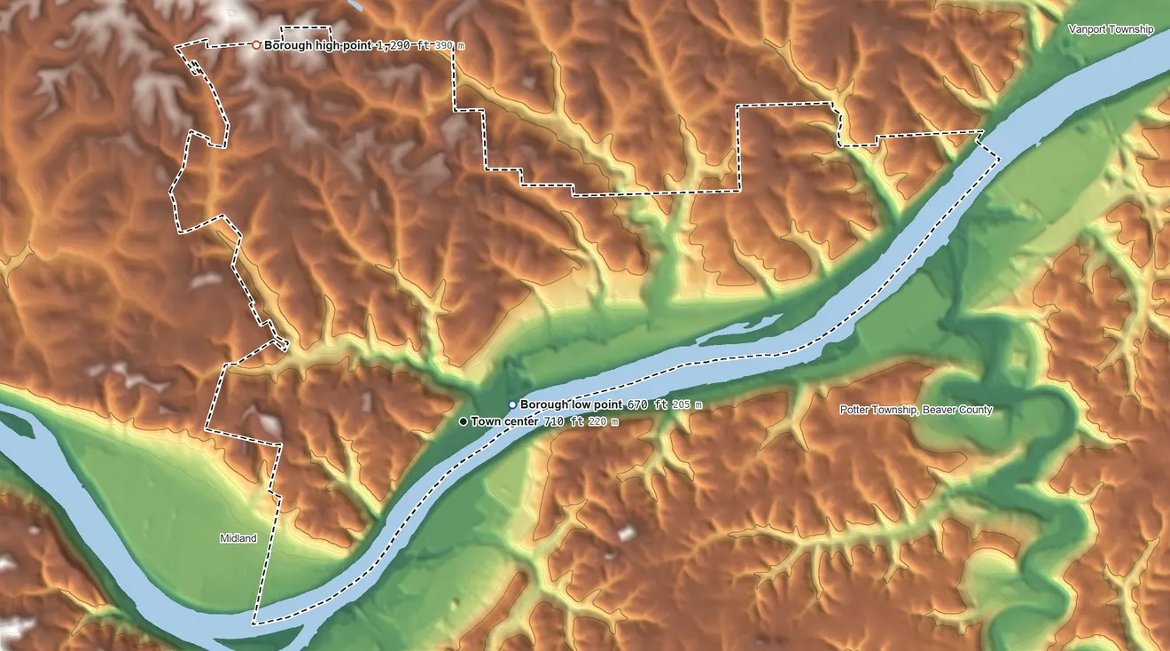Topographic elevation map of Industry, Pennsylvania, shaded from 670 ft near the middle to 1,290 ft on the northwest side