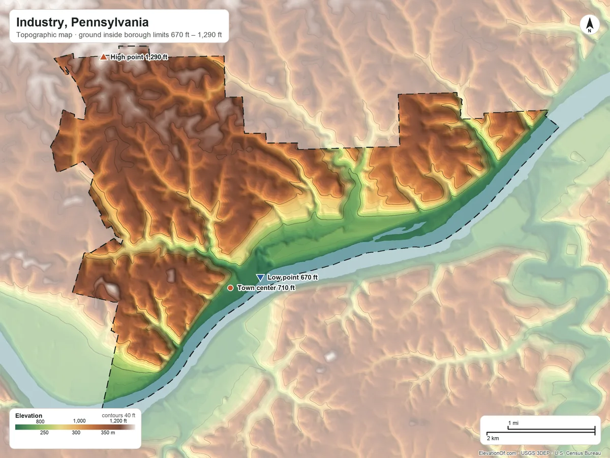 Topographic elevation map of Industry, Pennsylvania, shaded from 670 ft near the middle to 1,290 ft on the northwest side
