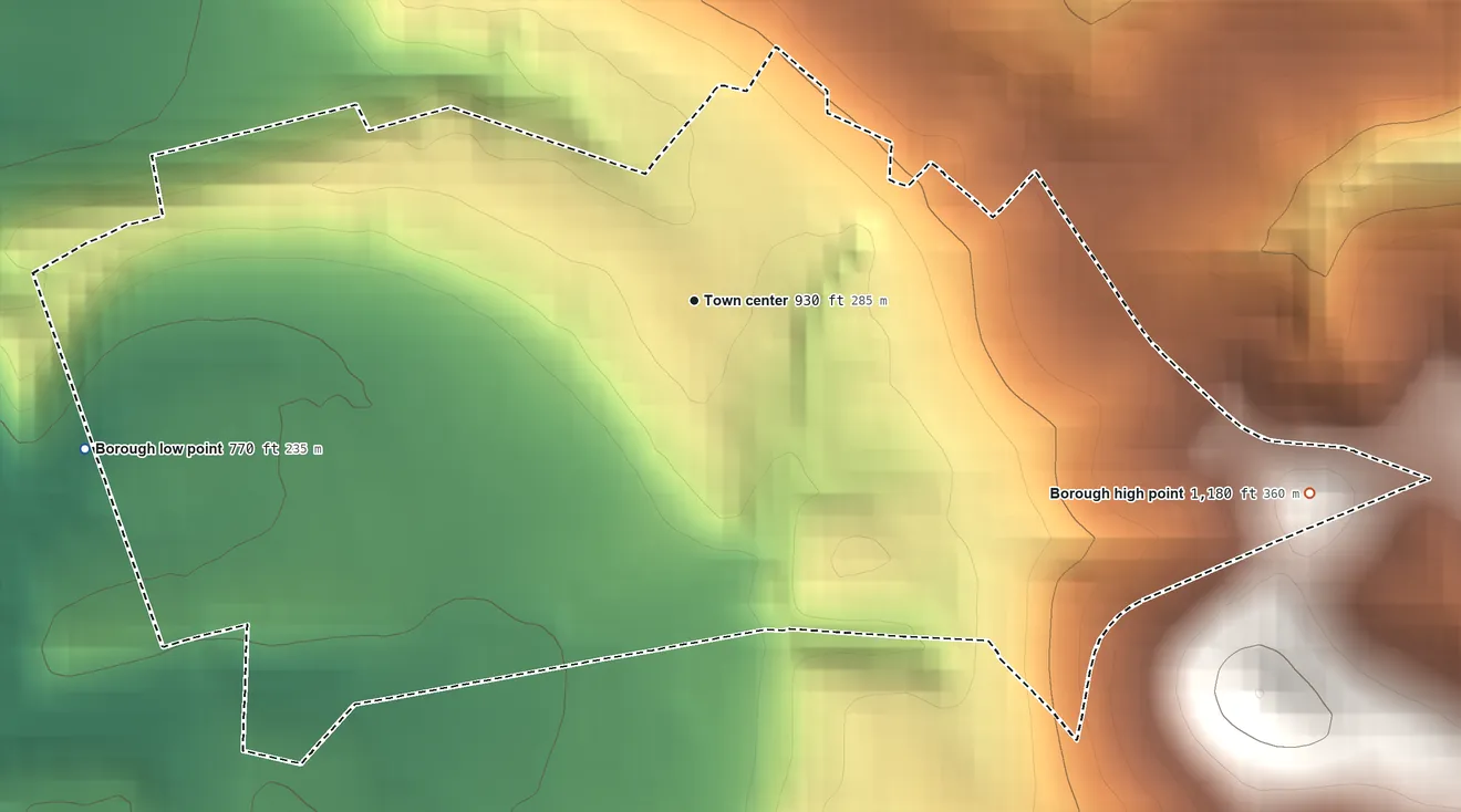 Topographic elevation map of Ingram, Pennsylvania, shaded from 770 ft on the west side to 1,180 ft on the east side