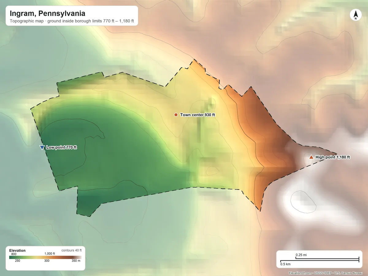 Topographic elevation map of Ingram, Pennsylvania, shaded from 770 ft on the west side to 1,180 ft on the east side