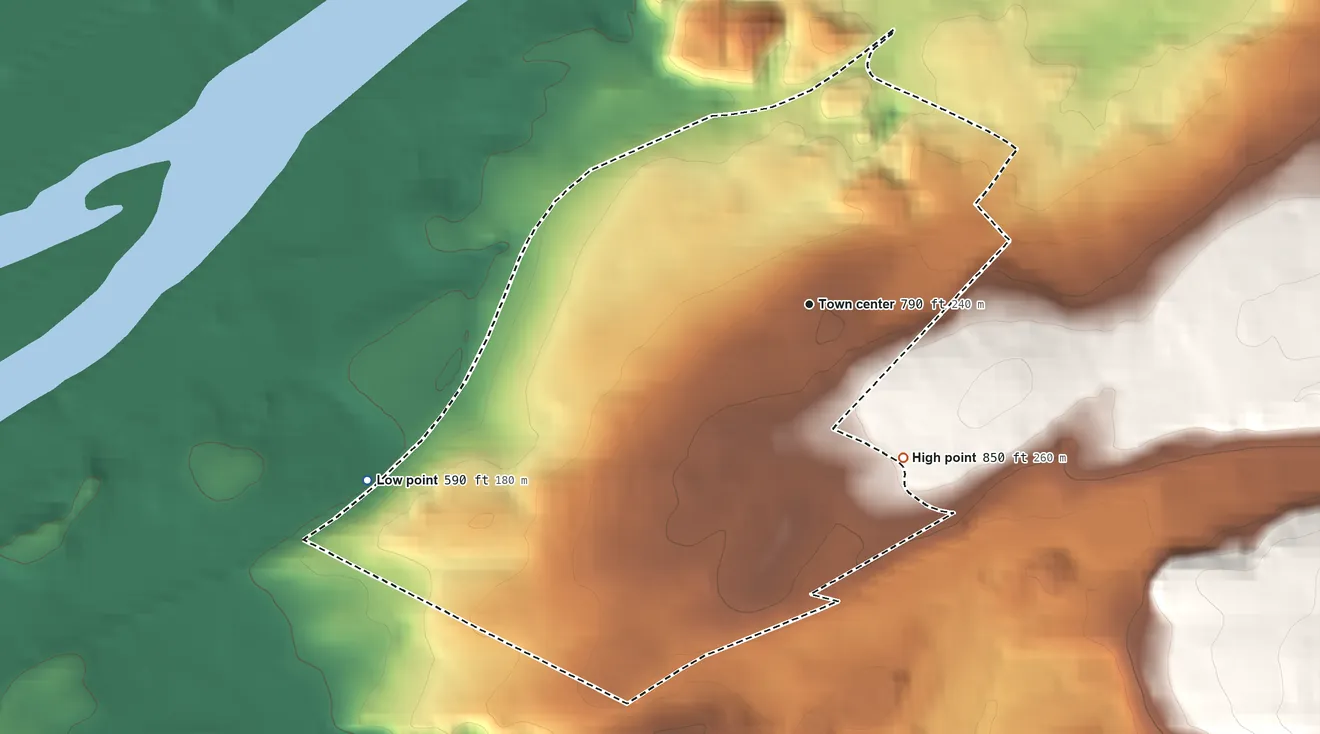 Topographic elevation map of Inkerman, Pennsylvania, shaded from 590 ft on the west side to 850 ft on the southeast side
