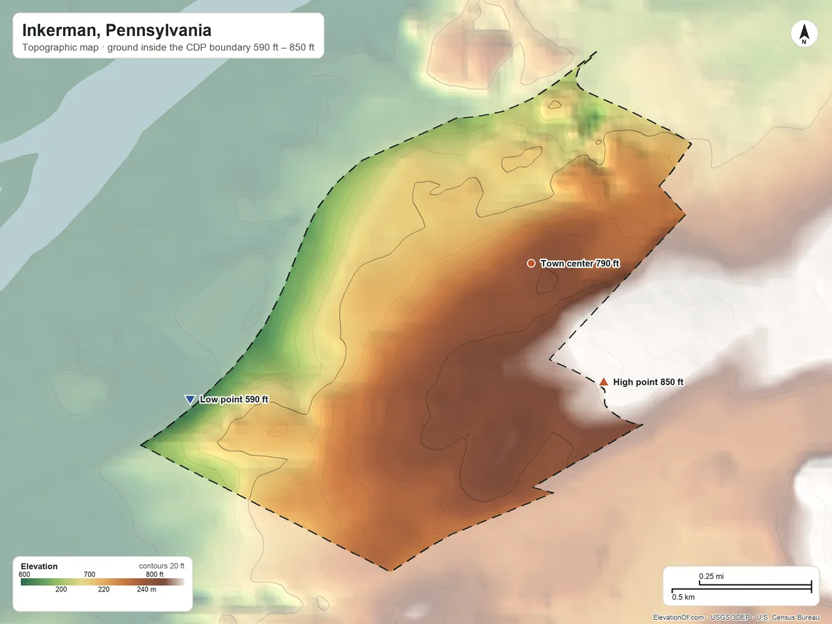 Topographic elevation map of Inkerman, Pennsylvania, shaded from 590 ft on the west side to 850 ft on the southeast side