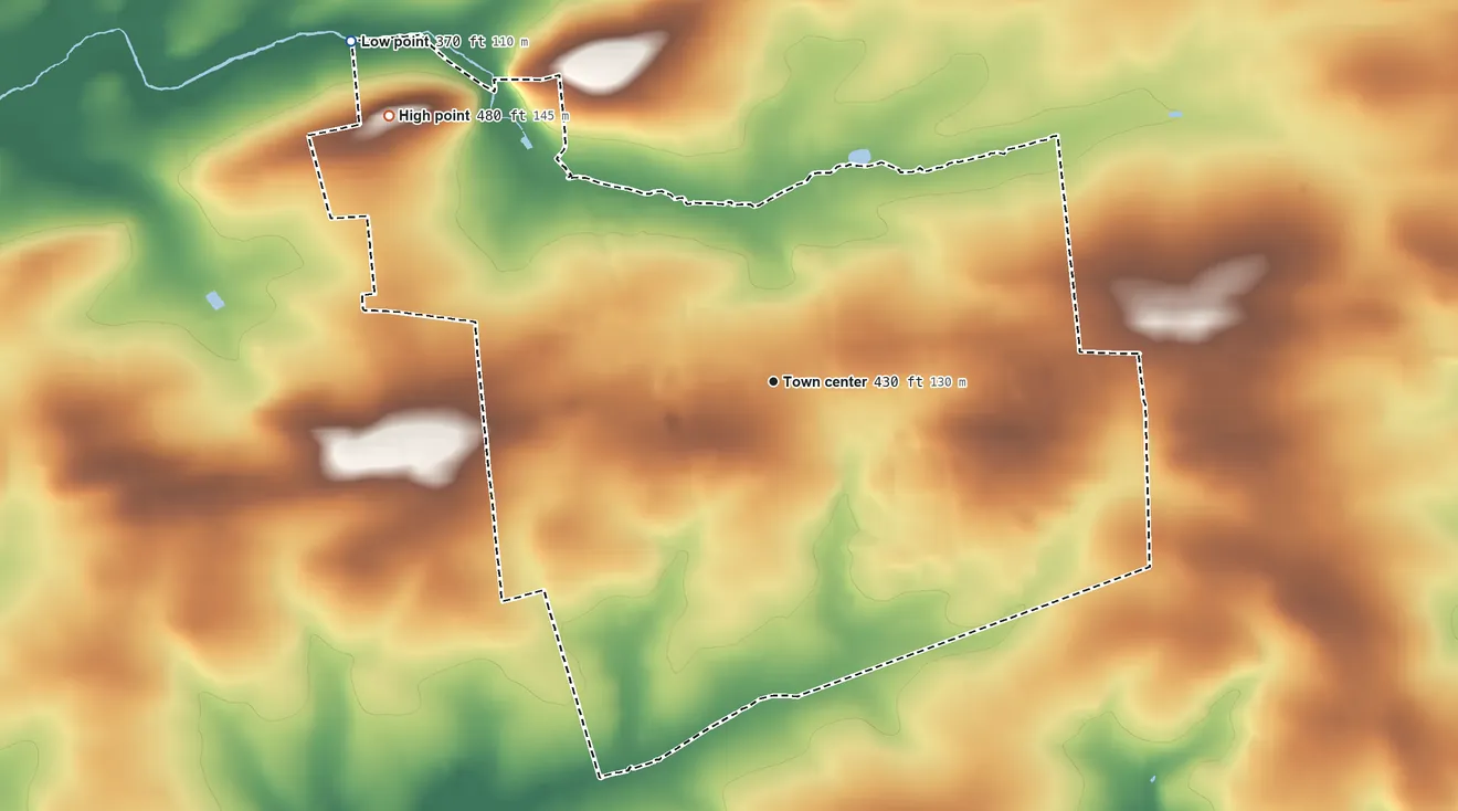 Topographic elevation map of Intercourse, Pennsylvania, shaded from 370 ft on the northwest side to 480 ft on the northwest side